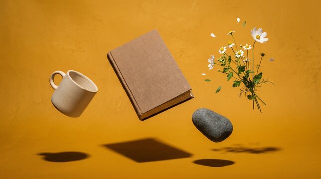 Levitating closed notebook cup and chamomile bouquet in modern style, warm ochre colors, antigravity objects representation with copy space