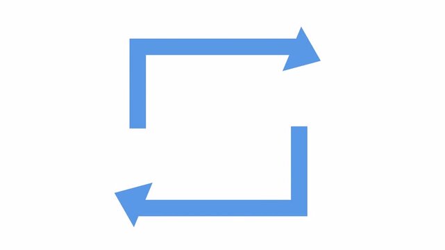 Blue square recycle arrows icon isolated on the alpha channel. Minimalist rectangular refresh and synchronization symbol with blue arrows in a cartoon animation.