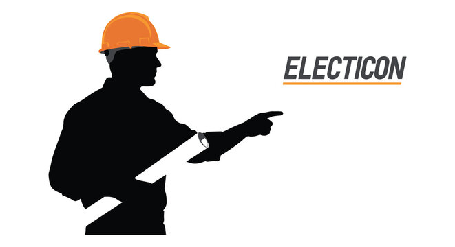 Electrician with helmet and blueprints pointing forward black silhouette high quality professional detailed modern elegant stylish