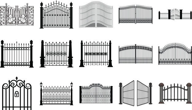 Assortment of decorative and plain gate silhouettes with wrought iron silhouette decorative metalwork architecture exterior building structure illustration collection