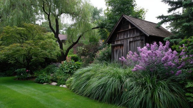 Lush green garden surrounds a weathered wooden outbuilding nestled among dense foliage.