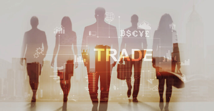 Trade. Business people discussing trade and finance with graphs, charts. Currency symbols global market investment.