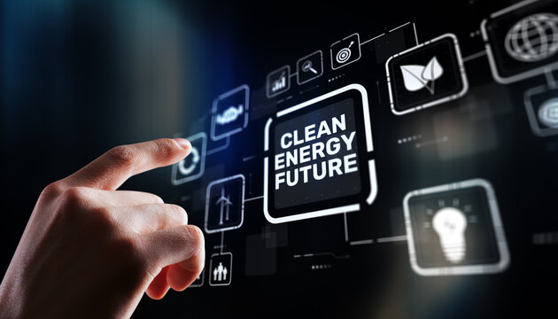 Sustainable clean energy solutions with solar panels and wind turbines in natural landscape.