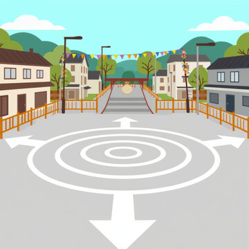 Vector illustration featuring a suburban street scene with central road markings and decorative colorful flags hanging above the quiet residential neighborhood road