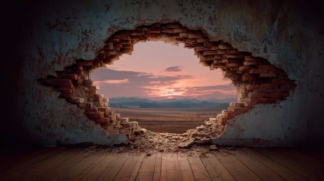 Beautiful sunset landscape viewed through a large jagged hole in a broken brick wall, breakthrough and new beginnings concept