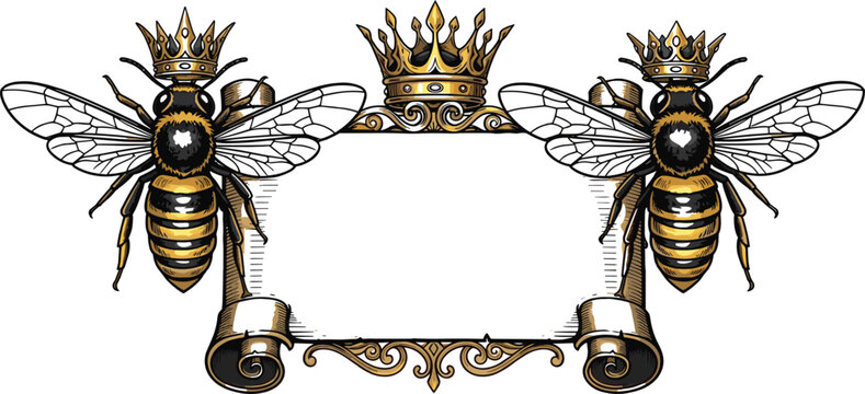 Vintage queen bee heraldic crest with golden crowns and ornate scroll frame isolated on white background