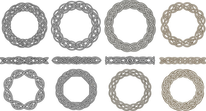 Vintage ornamental circular frame set with floral swirl borders in elegant hand drawn engraving style vector