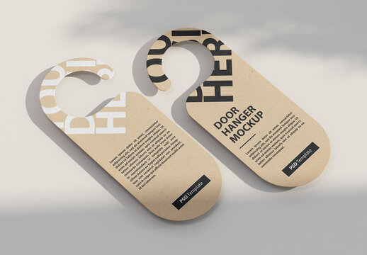 Door Hanger Mockup from Kraft paper above concrete table
