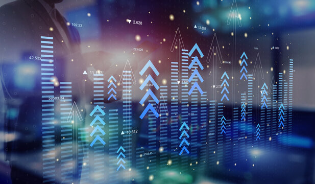Business Growth and Financial Market Performance Analysis with Corporate Silhouettes and Rising Charts.