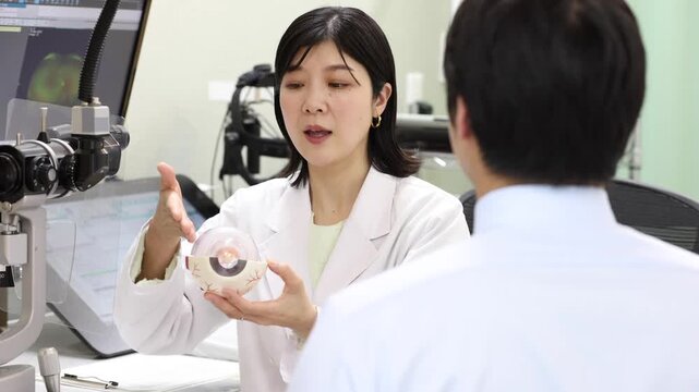 眼科医が眼球模型で説明する診察シーン・視力と目の健康カウンセリング(モニターはテスト画面のはめ込み)