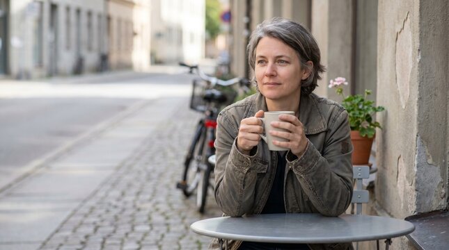Middle-aged grey-haired woman in a peaceful mood enjoying a warm drink against a blurred street background with copy space