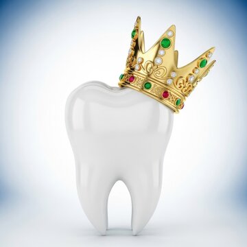 A single white tooth wearing a golden royal crown isolated on white background