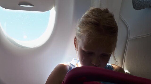 A young girl with blonde hair sits by the airplane window playing on a tablet, sunlight streaming through the porthole behind her