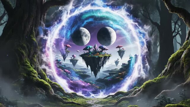 A mystical portal shimmering with cosmic energy opens a gateway to floating islands holding fantastical flora, bathed in the ethereal glow of twin moons amidst a dense, ancient forest setting