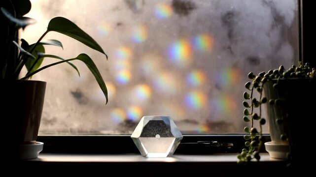 Sunlight refracts through a crystal, casting colorful rainbows on a frosted window. Potted plants frame the serene, light-filled scene.