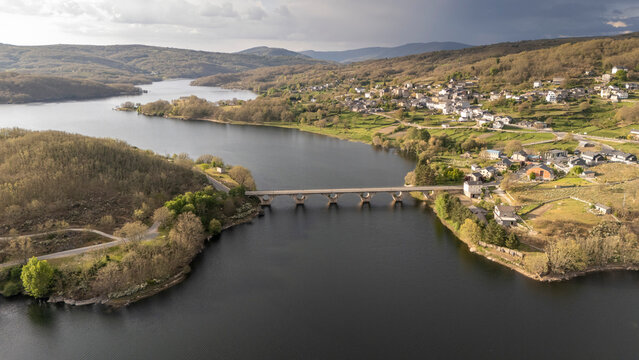 Encoro de prada reservoir with bridge, a veiga, spain