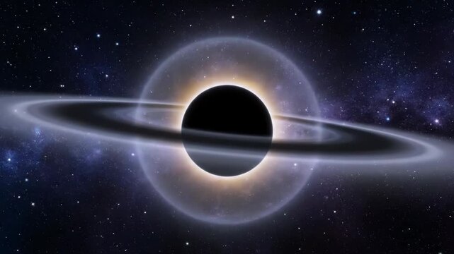 A black hole pulls in surrounding matter, creating a bright accretion disk. Stars twinkle in the vastness of deep space.