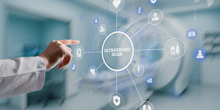 The inscription ULTRASOUND SCAN on a universal background for medical conferences and presentations.