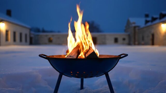 A warm fire burns in a brazier on a snowy winter evening. The glowing embers provide a cozy contrast to the cold surroundings.