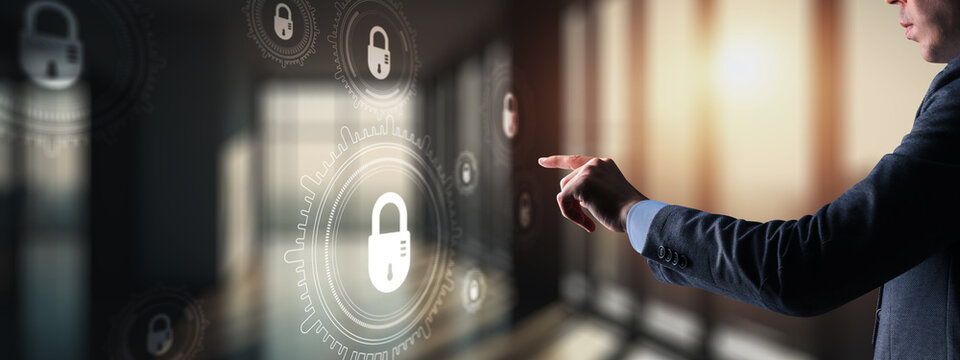 Cyber Security. Gears on a Virtual Screen. Data Protection Technology.