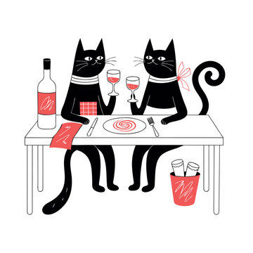 Romantic Cats Dinner Wine Line Art Illustration Design