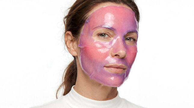 Woman wearing pink hydrogel face mask on white background