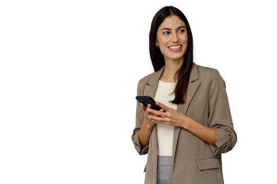 Professional woman smiling, holding smartphone, looking away, with transparent background, communicating online