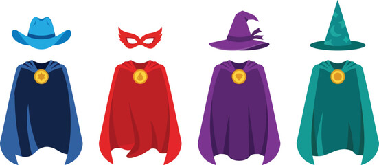 Set of colorful superhero capes with masks and hats for kids costume party and fun dress up games for halloween celebration © Apurba