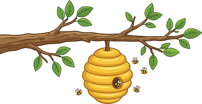 A yellow beehive hanging from a tree branch with many small bees flying around in a cartoon illustration style drawing