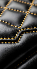 Fototapeta premium Black quilted leather texture with elegant gold stitching in macro close up