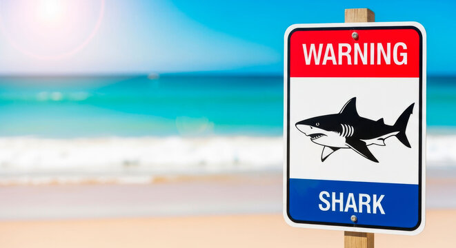Graphic shark warning sign on beach with an ocean and sand background. This coastal signage is used for tourist safety, marine life awareness, and vacation risk management.
