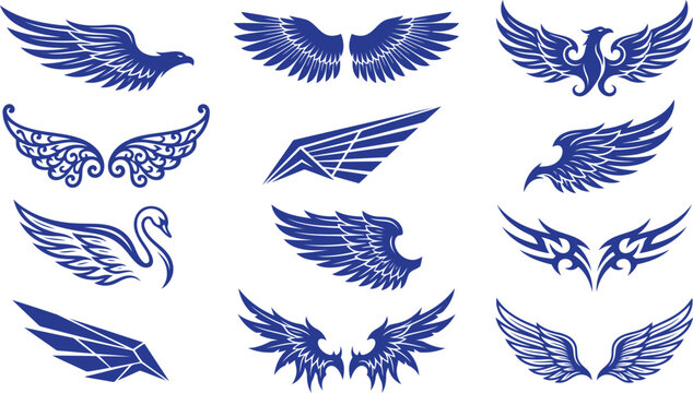 Collection of various purple bird and angel wing vector icons and design elements for creative logos and graphic projects