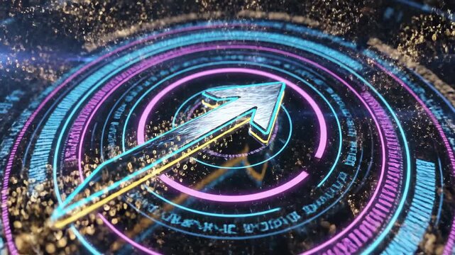 Futuristic holographic compass displaying a glowing arrow pointing upwards with intricate circular data streams and sparkling cosmic dust, signifying progress, direction, and digital advancement