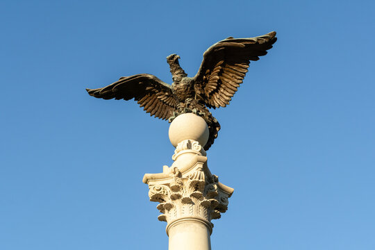 Pennsylvania Columns memorial at Valley Forge National Historical Park in Pennsylvania, photographed on a sunny spring day, commemorating soldiers of the American Revolutionary War.