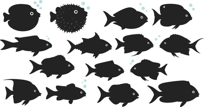 Fish collection showcases various aquatic animals in silhouette form for educational displays or marine environment design.