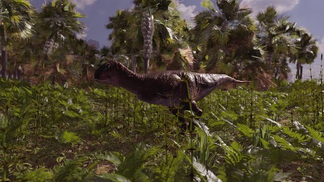 4k 3d animation of Carnotaurus dinosaur strides through a dense prehistoric jungle of ferns and palm trees.