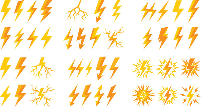 Lightning bolt collection with various yellow electric flash symbols and weather thunderbolt icons for graphic design