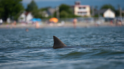 Fototapeta premium Shark Fin Emerges from Ocean Water Near a Crowded Beach, Creating a Sense of Danger and Intrigue with Human Activity in Blurred Background