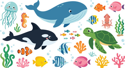 Ocean animals and sea life characters collection with whale shark turtle octopus and colorful reef fish in cute style © MDMizanur