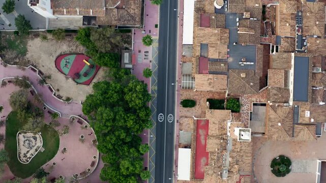 Aerial view of Can Pastilla on the island of Mallorca, Spain. Urban streets of the tourist town with hotels on the Mediterranean coast.