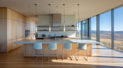 Obraz premium Modern kitchen with island and scenic mountain views through large windows.