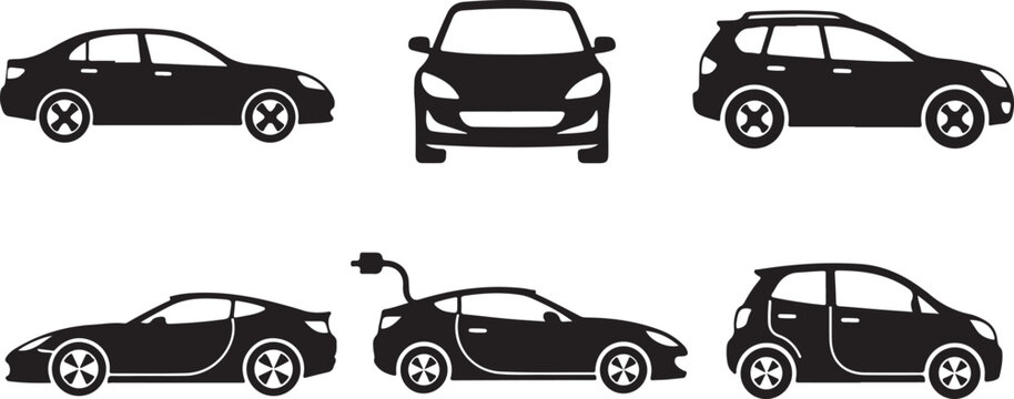 Black and white of five different car types from side view automobile sedan hatchback