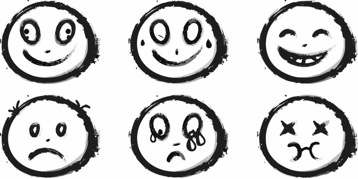 six black and white hand drawn smiley faces with dripping effect