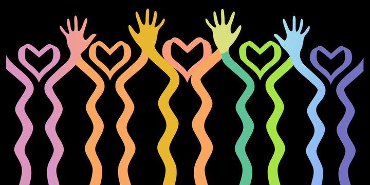 Colorful hands reaching up with heart shapes vector illustration