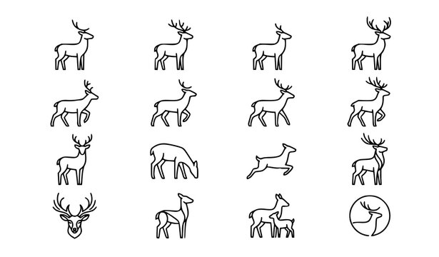 Deer line icons set with silhouette animal and antler symbols in modern thin outline vector style for logo and design