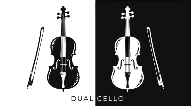 Illustration of a dual cello with bows on white and black backgrounds.