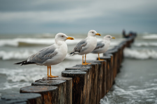 Seagulls standing on wooden breakwater Baltic Sea coastal scene minimal composition mewy falochron