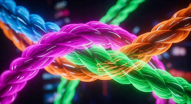 Glowing neon rope lines interlaced in futuristic technological abstract connection design.