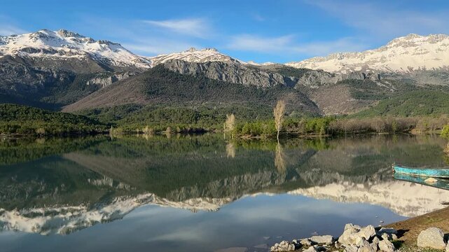 Idyllic outdoor scenery with symmetrical mountain reflection on the water
