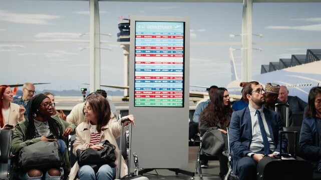 Watching cancelled flights status update, red screen and frustrated tourists. Delayed flight announcement, luggage and concerned travelers observing FIDS display, camera A